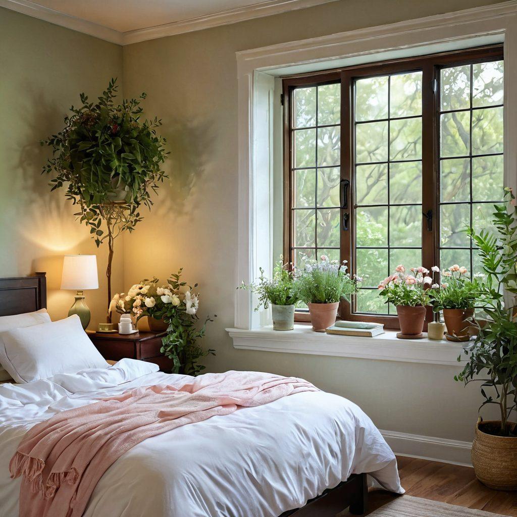 A serene and peaceful wellness sanctuary with soft, natural lighting. Include a cozy room with comfortable bedding, fresh flowers, and calming artwork on the walls. Incorporate elements like herbal tea, a journal, and a small potted plant to emphasize relaxation and healing. Show a view of a tranquil garden through a large window, symbolizing hope and tranquility. super-realistic. soft pastel colors. warm lighting.